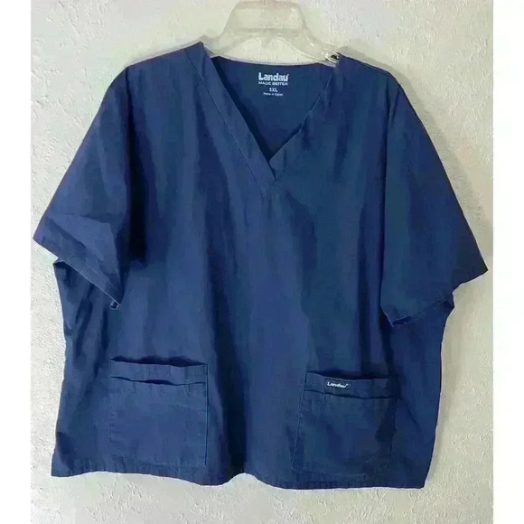 Landau Scrub Top Womans Size 3XL Solid Blue With Pockets - Picture 1 of 8